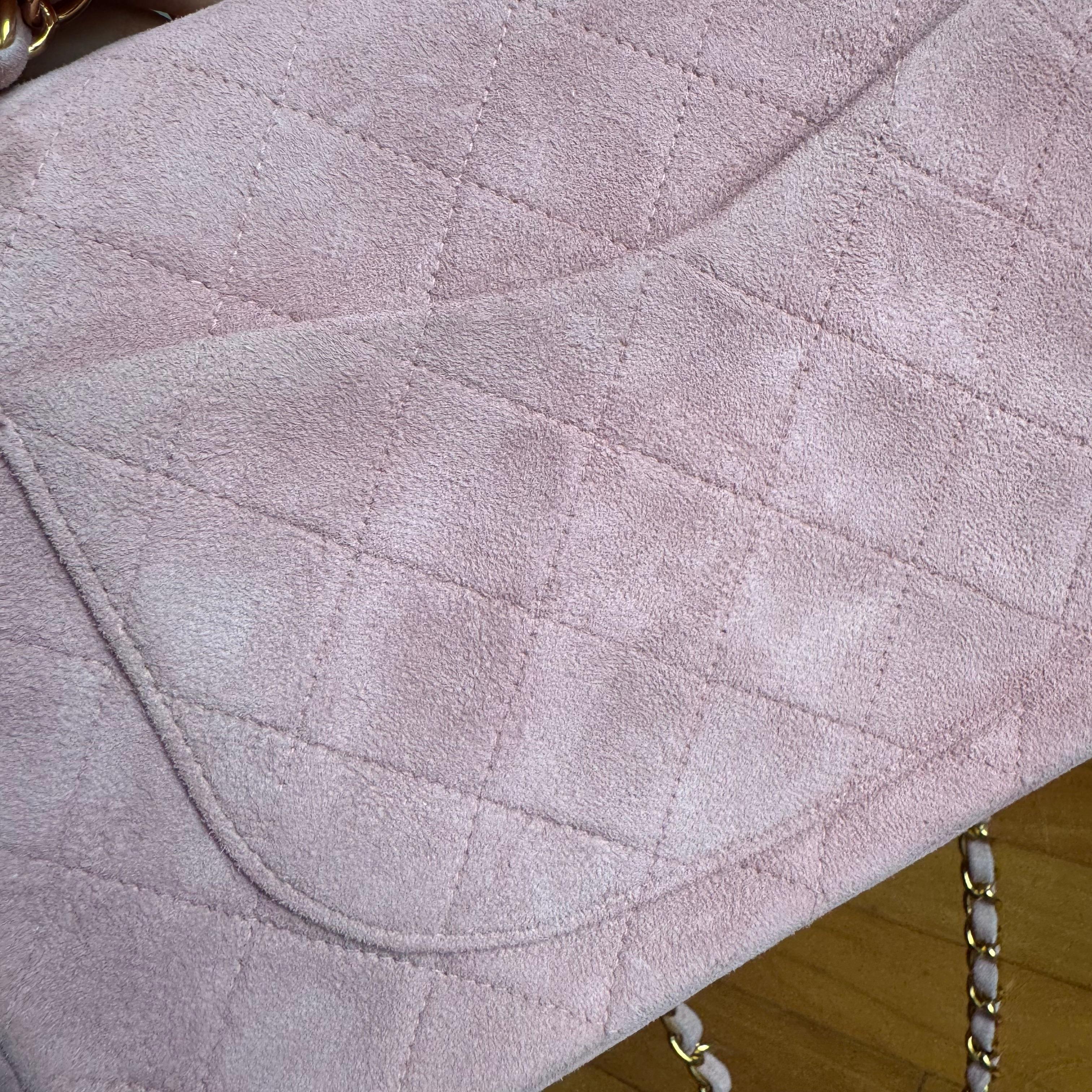 Chanel Classic Flap Vintage Small Pink Suede Leather with 24k Gold HW, 1991-1994 For Sale 8