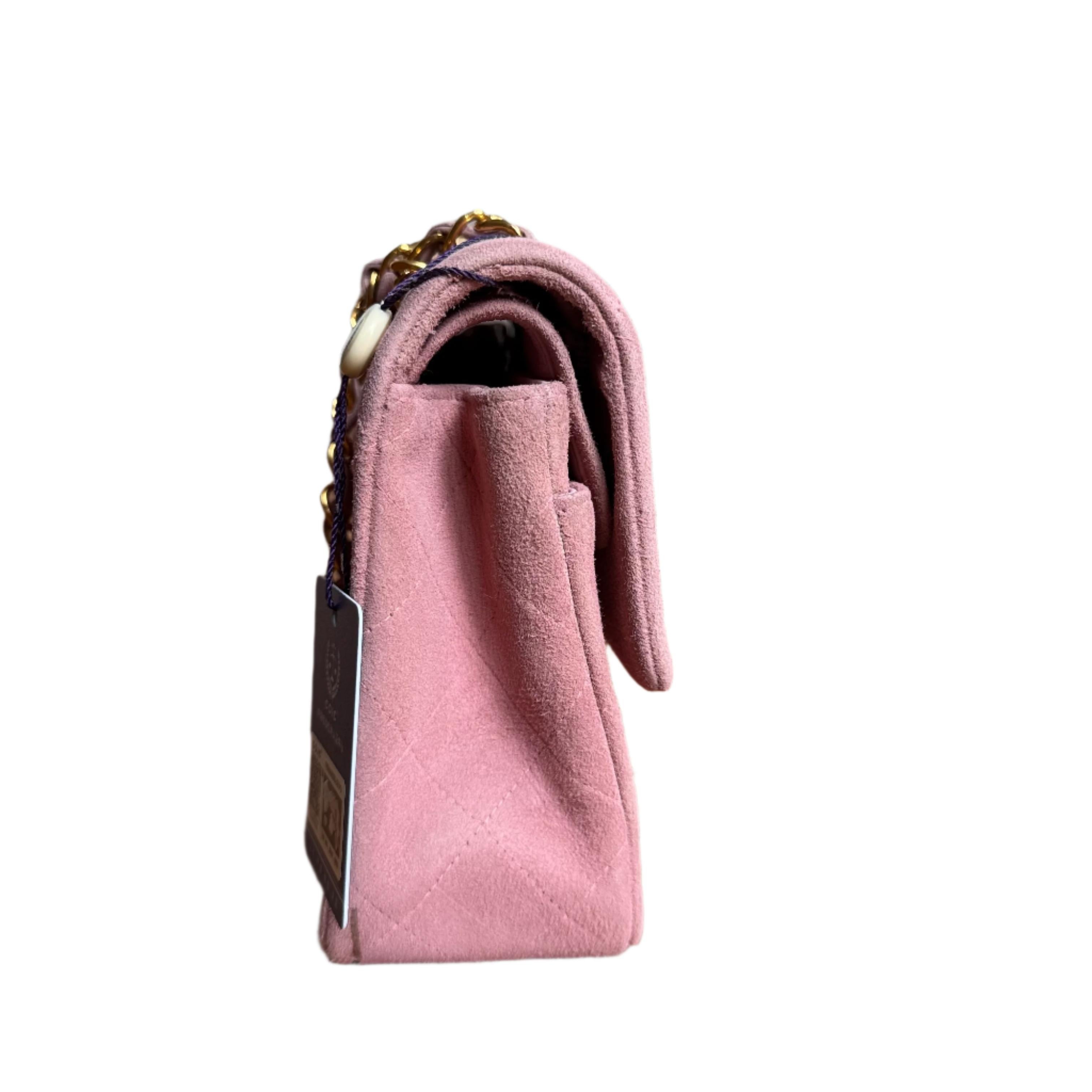 Women's Chanel Classic Flap Vintage Small Pink Suede Leather with 24k Gold HW, 1991-1994 For Sale