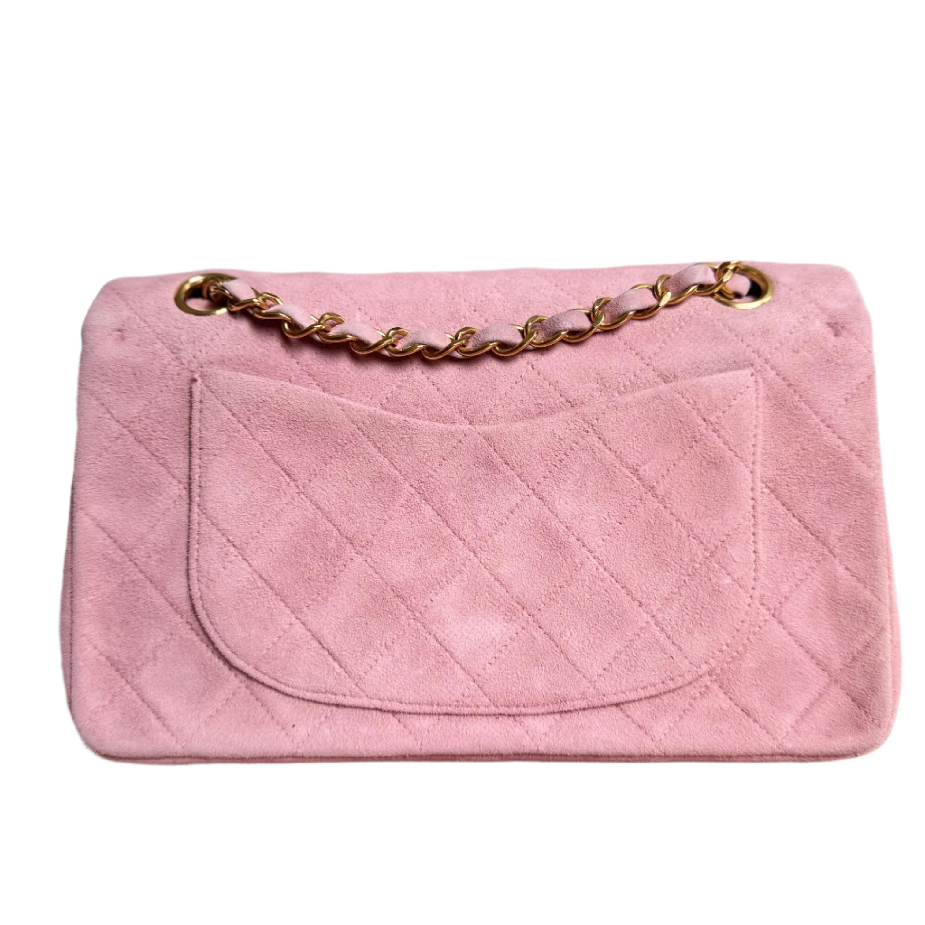 Chanel Classic Flap Vintage Small Pink Suede Leather with 24k Gold HW, 1991-1994 For Sale 1