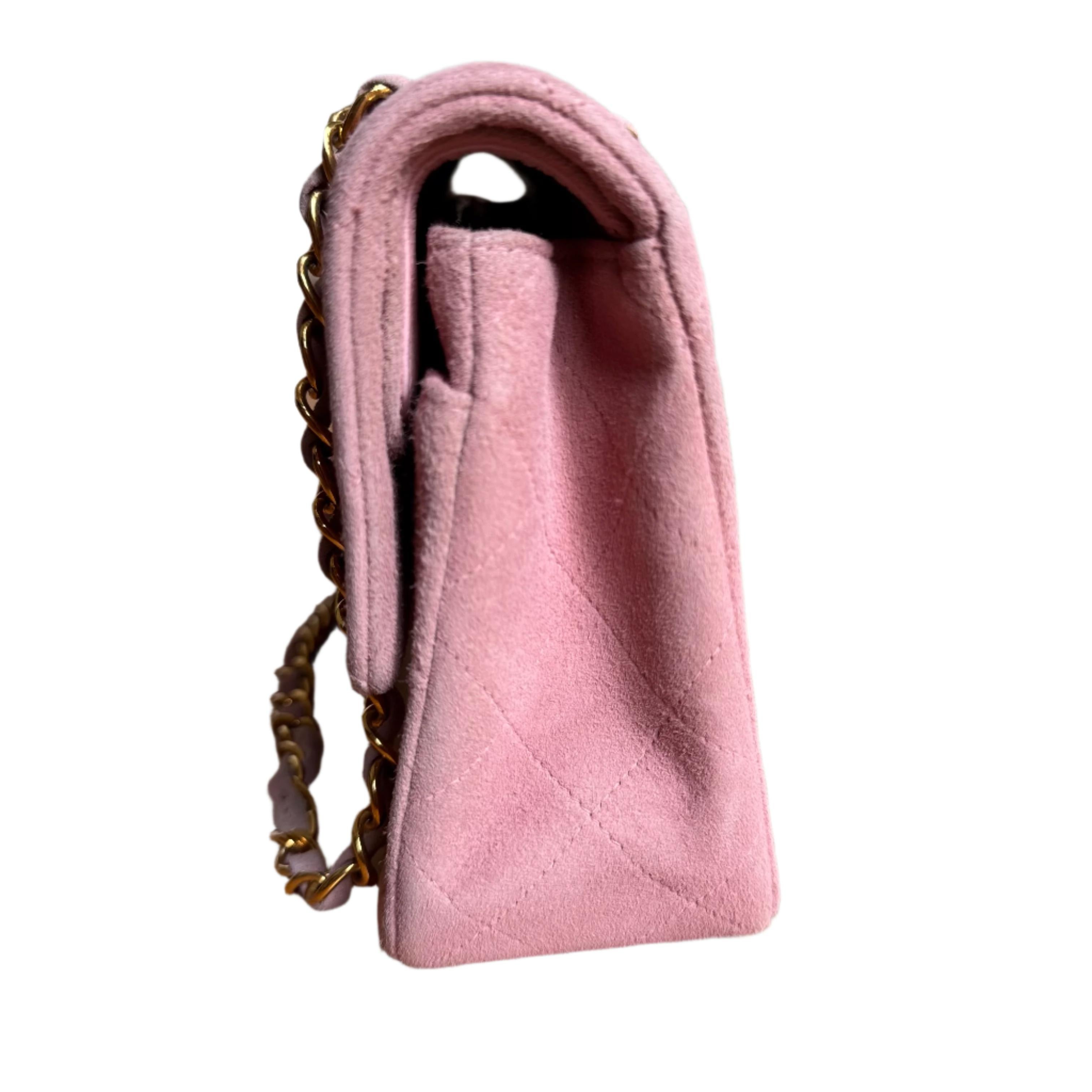 Chanel Classic Flap Vintage Small Pink Suede Leather with 24k Gold HW, 1991-1994 For Sale 2