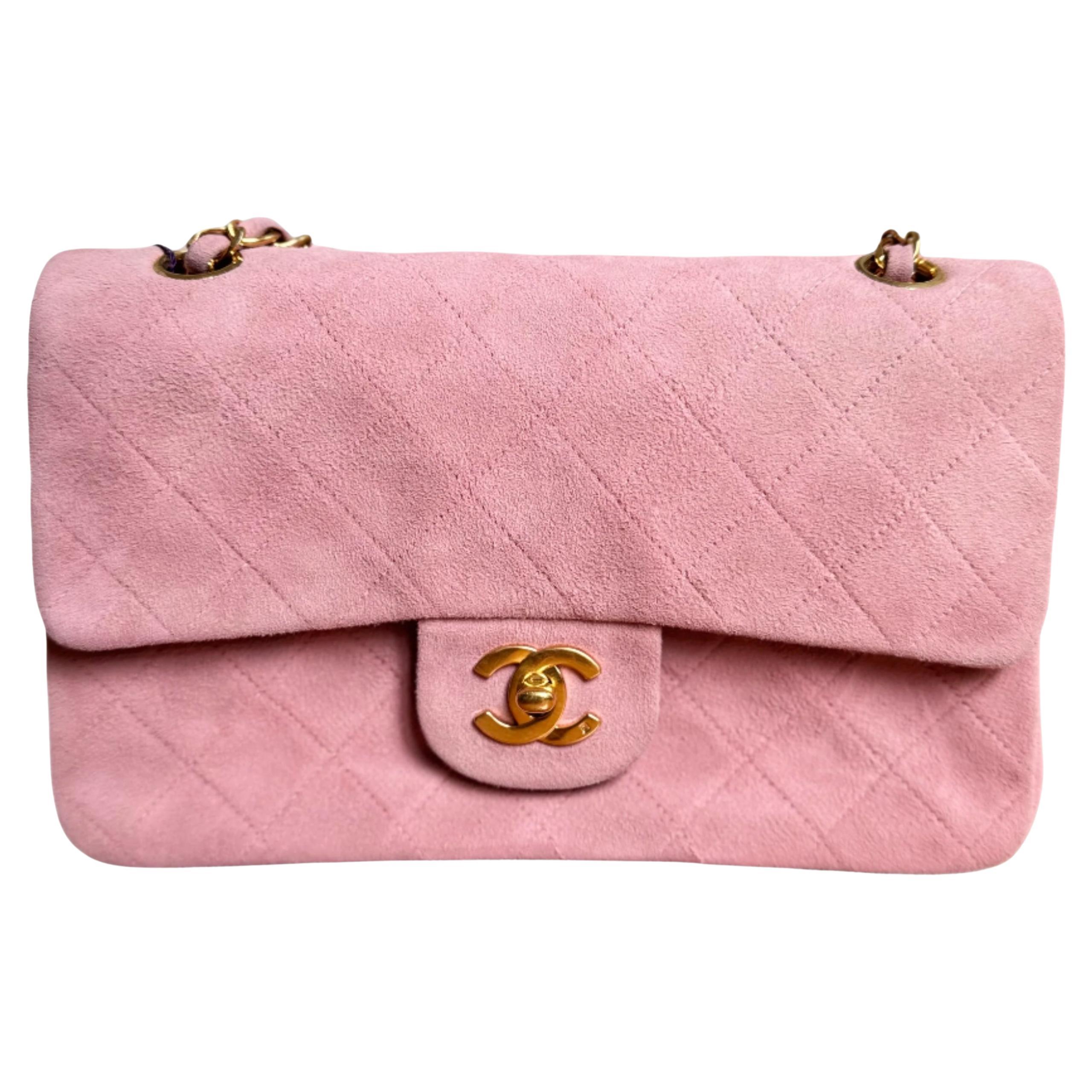 Chanel Classic Flap Vintage Small Pink Suede Leather with 24k Gold HW, 1991-1994 For Sale