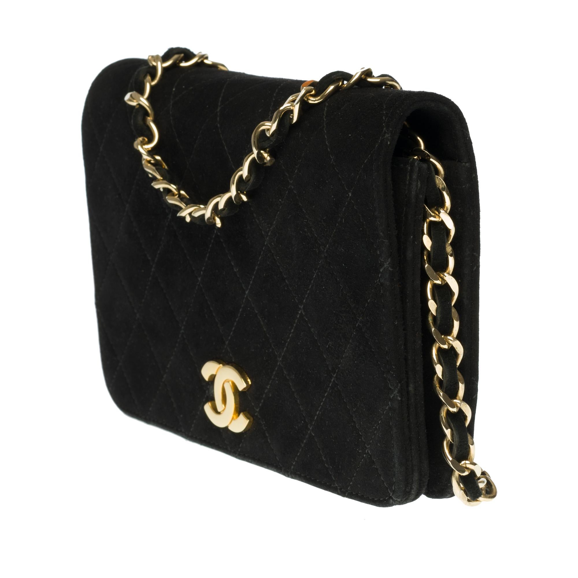 Black Chanel Classic Full Flap shoulder bag in black quilted Suede and gold hardware