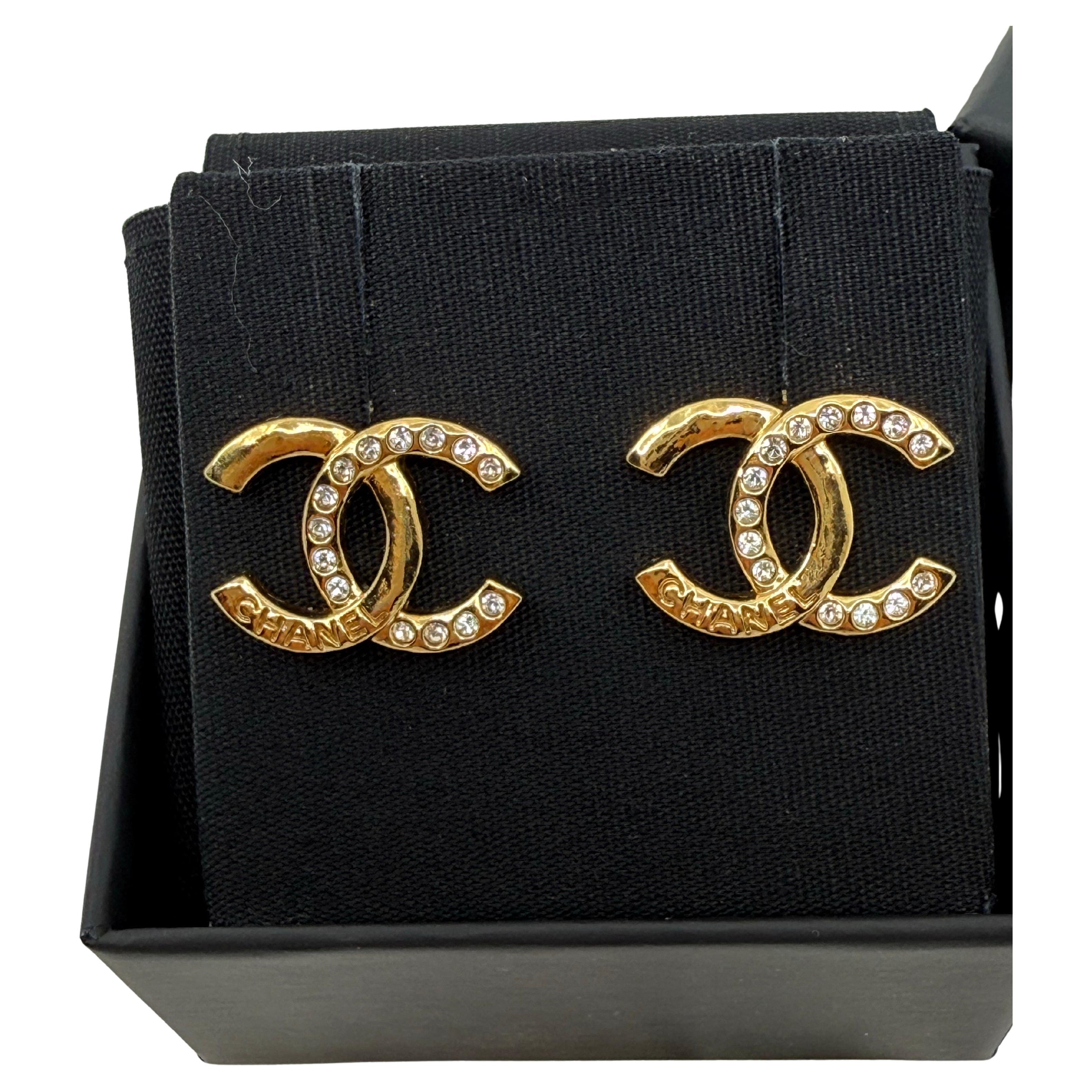 CHANEL Classic Gold and Crystal CC Logo Stud Earrings For Sale