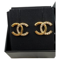 CHANEL Classic Gold and Crystal CC Logo Stud Earrings