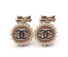 Chanel Classic Gold Bow CC Round Small Button Stud Piercing Earrings
