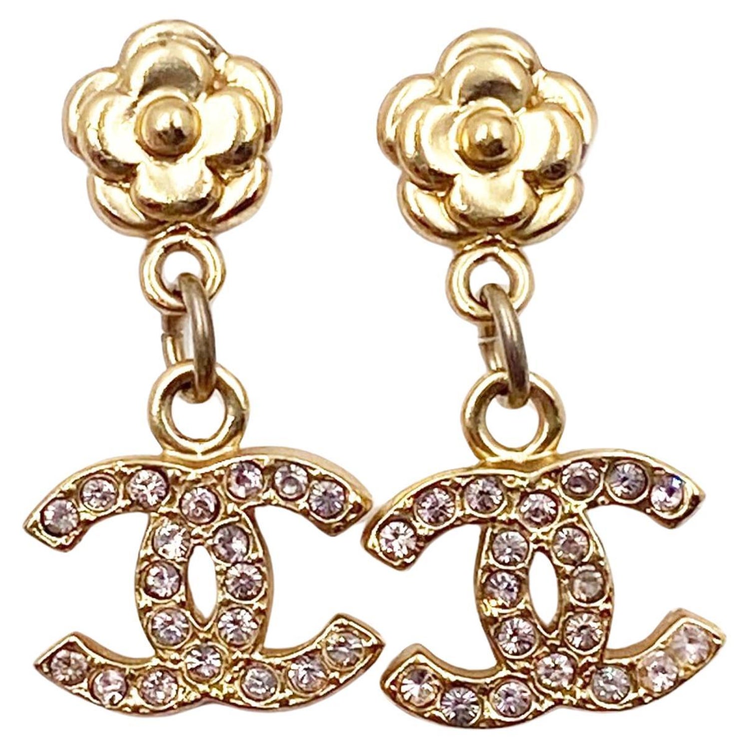 Chanel 22S Gold Link Chain Silver Crystal CC Logo Large Dangle Drop Stud  Earring