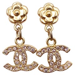 Chanel Classic Gold Camellia CC Pale Pink Crystal Dangle Piercing Earrings 