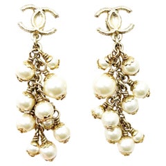 Chanel Classic Gold CC Chunky Pearls Dangle Clip on Long Earrings 