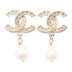 Chanel Classic Gold CC Crystal Block Piercing Earrings