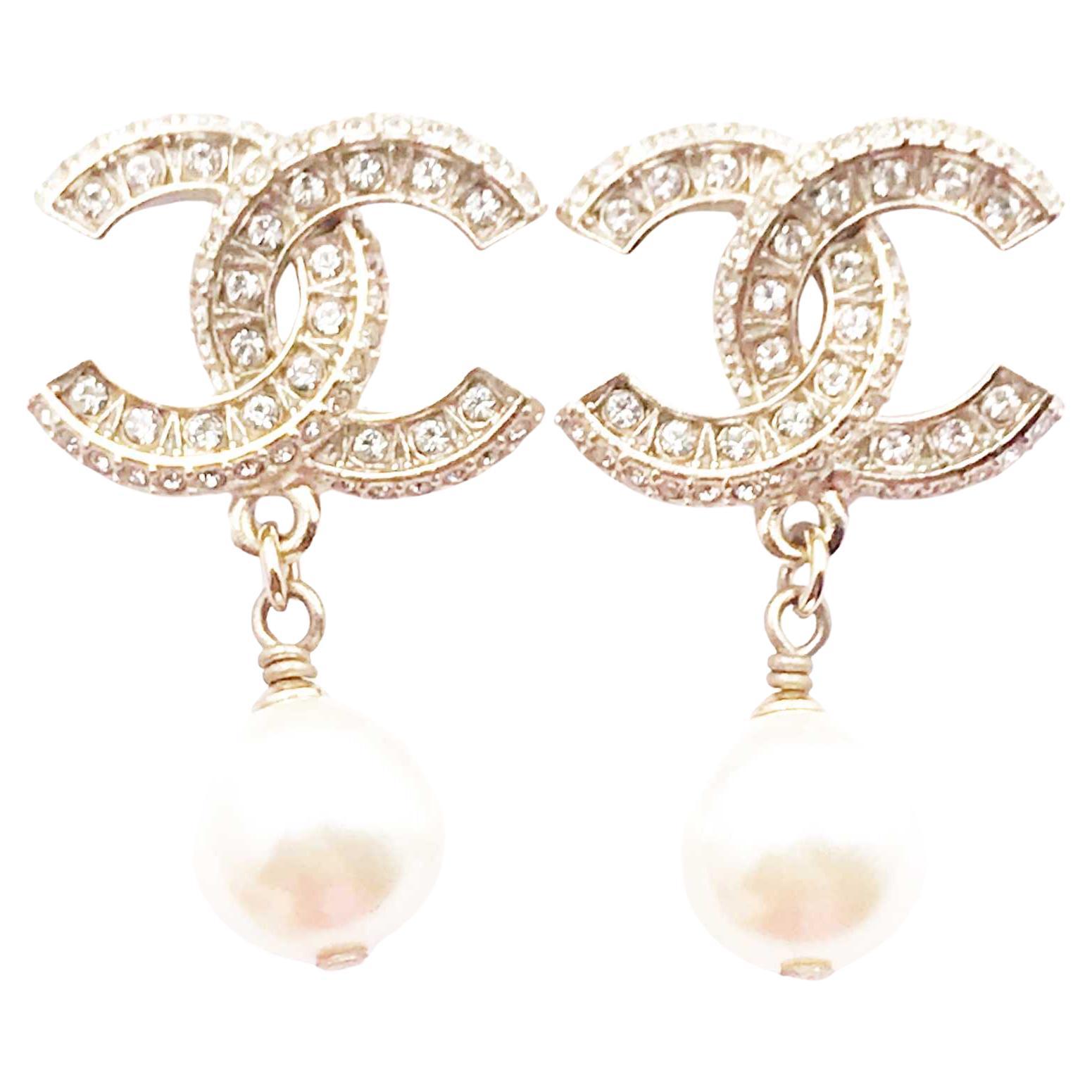 Chanel Classic Gold CC Crystal Block Piercing Earrings  For Sale