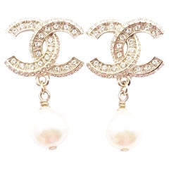 Chanel Classic Gold CC Crystal Block Piercing Earrings 