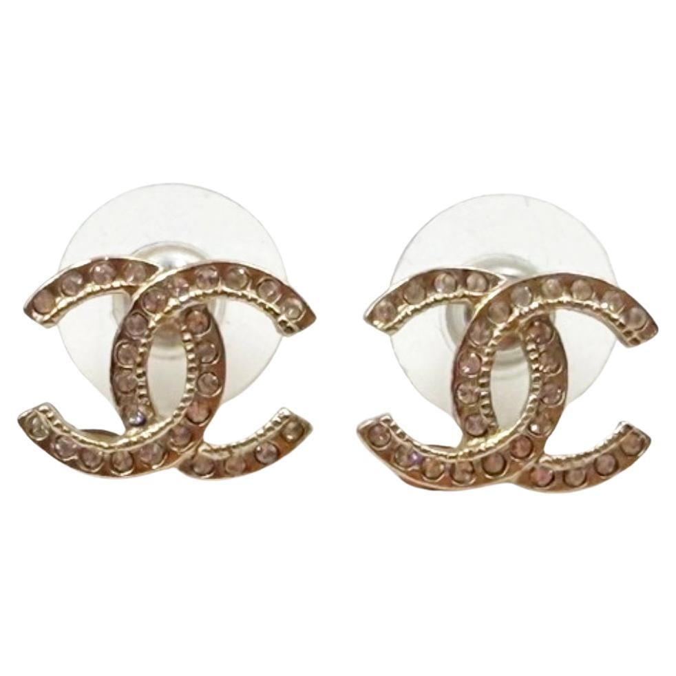 Chanel Classic Gold CC Crystal Piercing Earrings For Sale