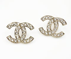 Chanel Classic Gold CC Frame Round Crystal Large Piercing Earrings