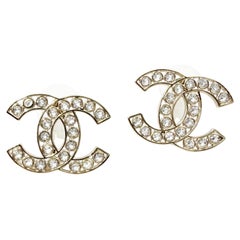 Chanel Classic Gold CC Frame Round Crystal Large Piercing Earrings