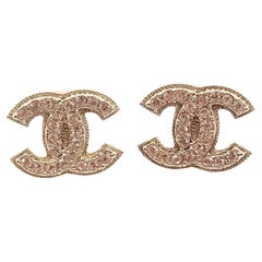 Chanel Classic Gold CC Rim Frame Pink Crystal Piercing Earrings 