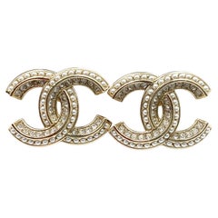 Chanel Classic Gold CC  Roll Pearl Crystal Large Piercing Earrings