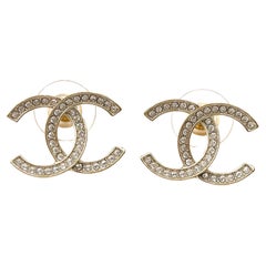 Used Chanel Classic Gold CC Thin Crystal Large Piercing Earrings