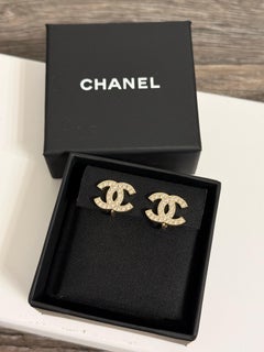 CHANEL Classic Gold Crystal CC Logo Stud Clip On Earrings
