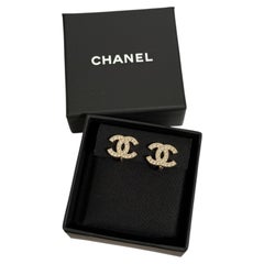 CHANEL Classic Gold Crystal CC Logo Stud Clip On Earrings