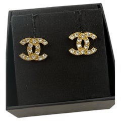 Chanel Classic Gold Crystal CC Stud Earrings