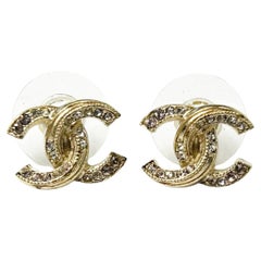 Chanel Classic Gold Pink Clear Crystal Overlapped Piercing Earrings