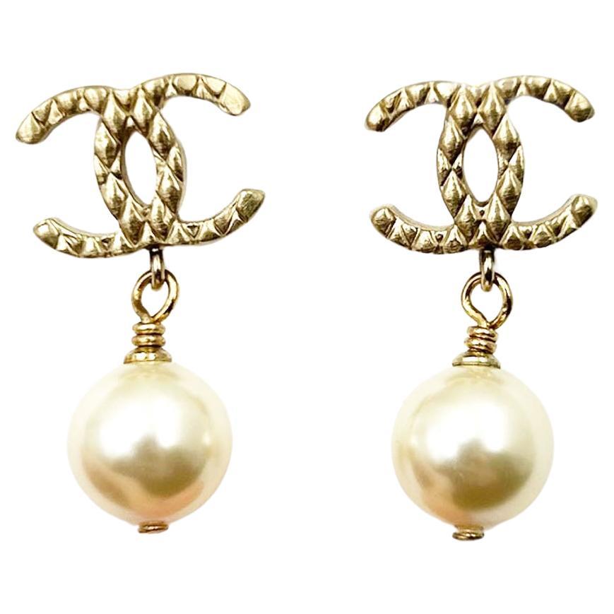 Chanel Classic  Gold Plaid CC Pearl Dangle Piercing Earrings 
