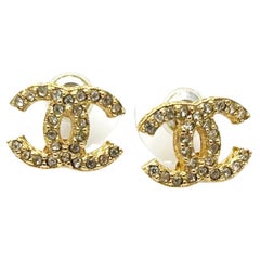 Chanel Classic  Gold Plated CC Crystal Small Curve Piercing Earrings 