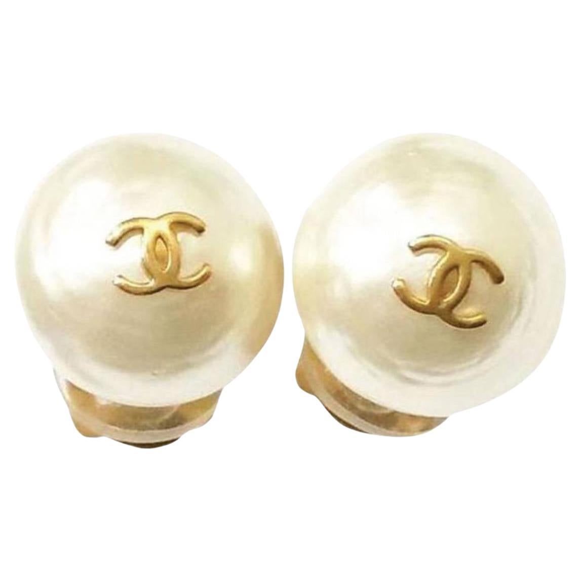 Chanel Classic Gold Plated CC Small Pearl Clip on Earrings  