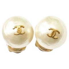 Used Chanel Classic Gold Plated CC Small Pearl Clip on Earrings  