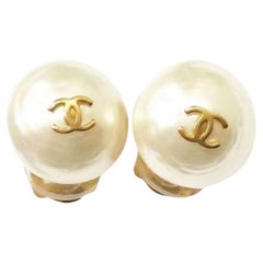 Chanel Classic Gold Plated CC Small Pearl Clip on Earrings
