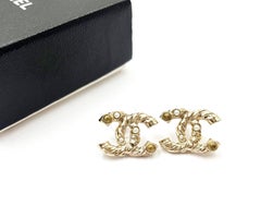 Chanel Classic Gold Twisted CC Pearl Stone Piercing Earrings