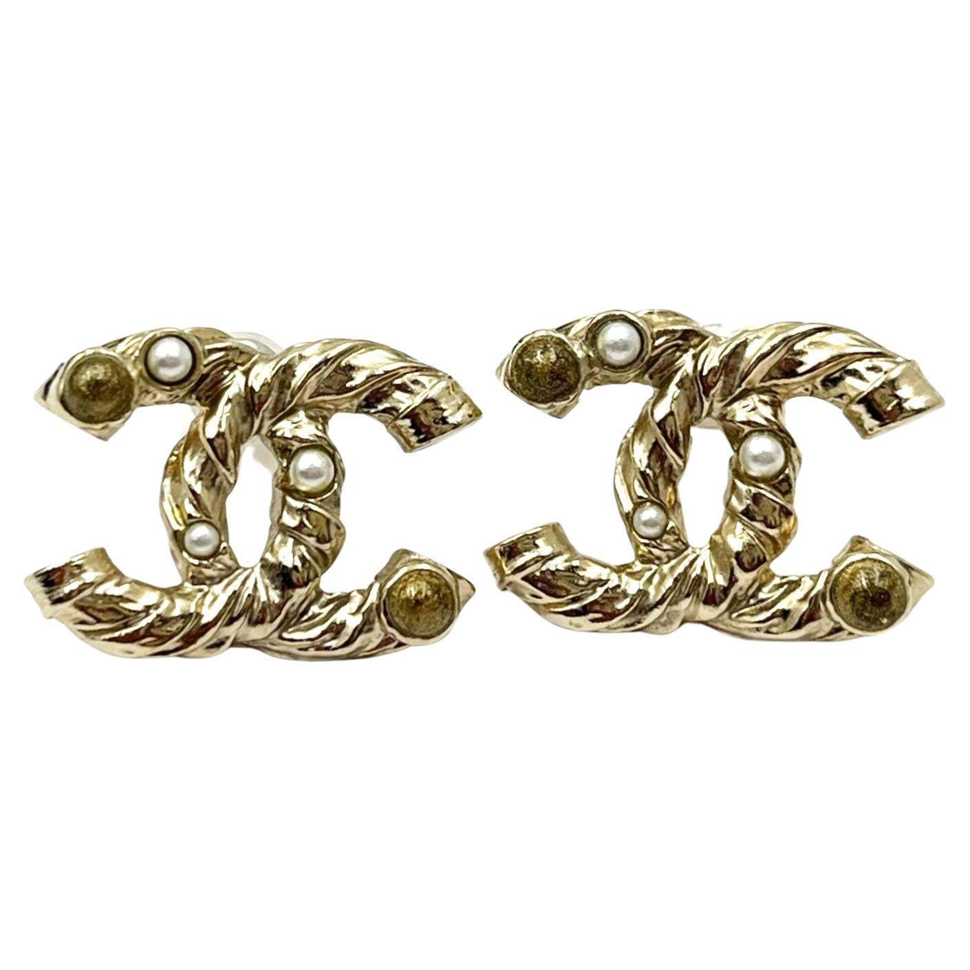 Chanel Classic Gold Twisted CC Pearl Stone Piercing Earrings