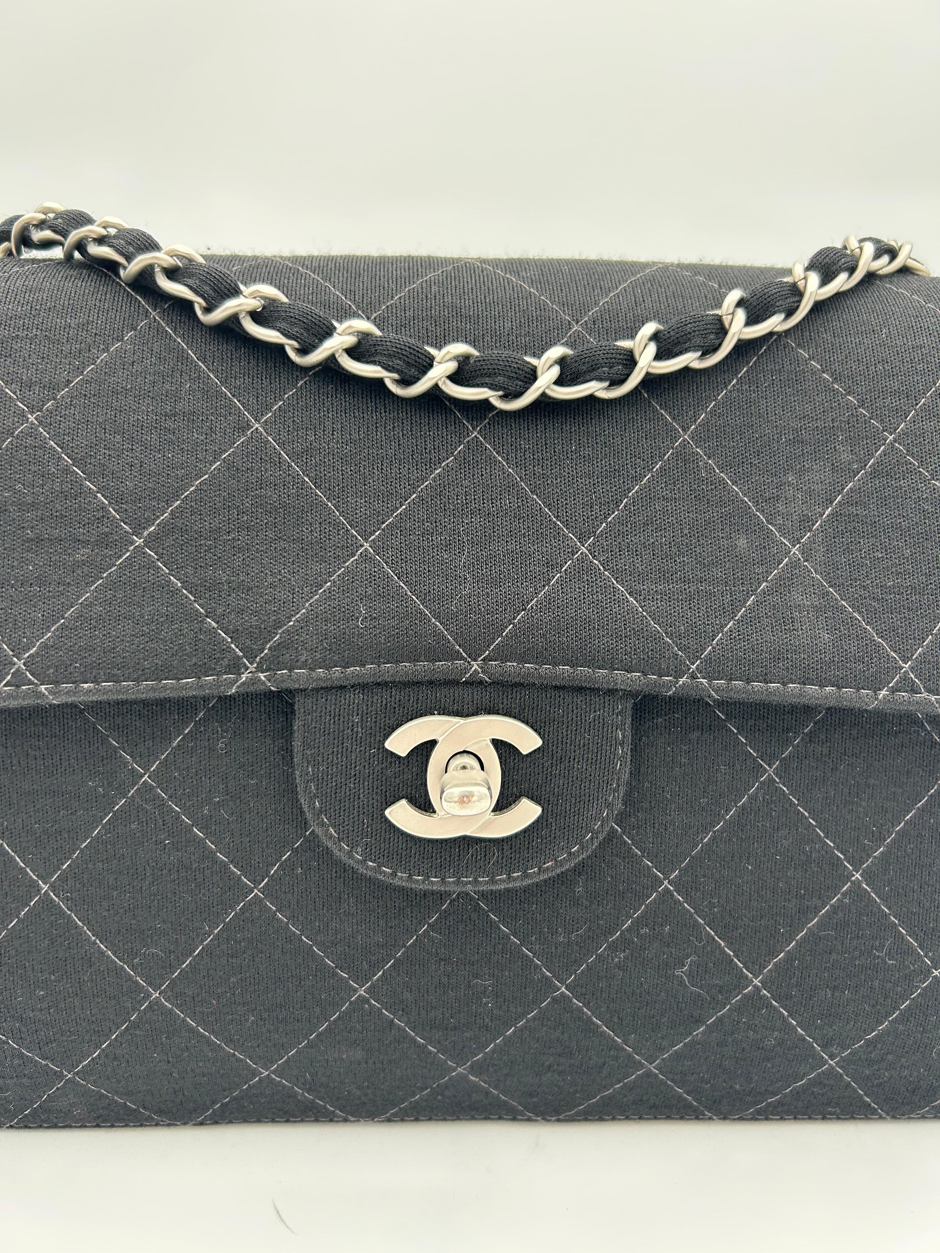 Black Chanel Classic Jersey Bag Silver Hardware 1998 For Sale
