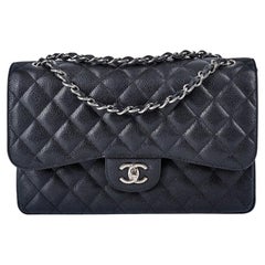CHANEL CLASSIC JUMBO DOUBLE FLAP BAG Black Caviar Leather Silver Hardware  For Sale at 1stDibs