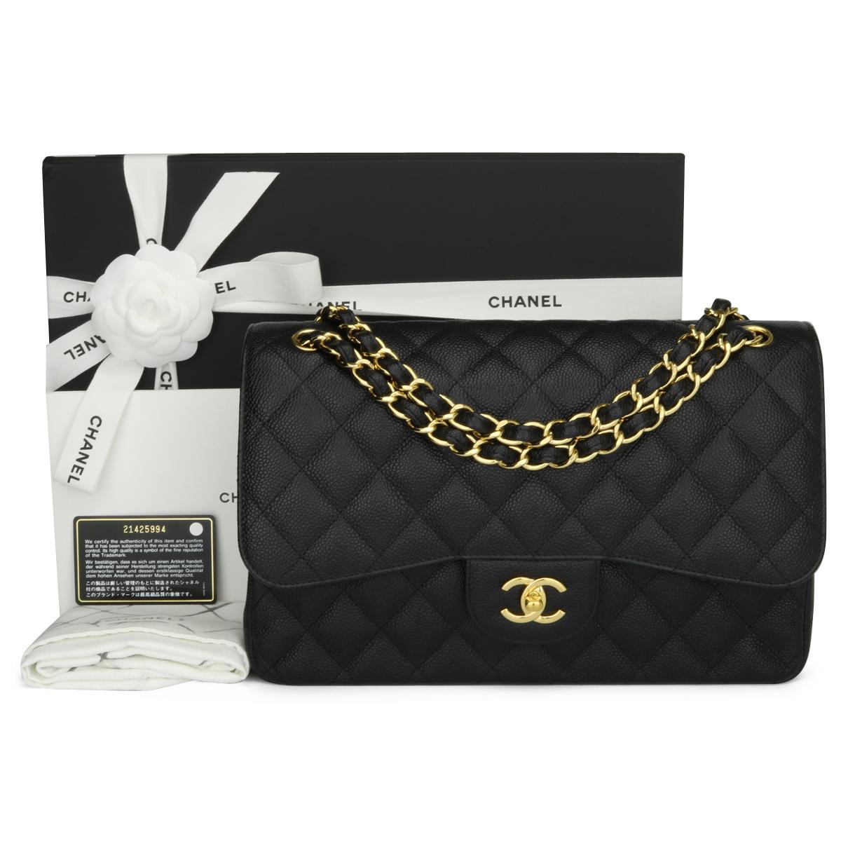 Authentic CHANEL Classic Jumbo Double Flap Bag Black Caviar with Gold Hardware 2016.

This stunning bag is in mint condition, the bag still holds its original shape, and the hardware is still very shiny. The leather smells fresh as if new.

Exterior