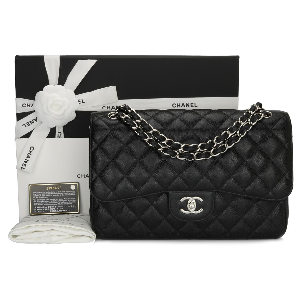 Authentic CHANEL Classic Jumbo Double Flap Bag Black Caviar with Silver Hardware 2017.

This stunning bag is in mint condition, the bag still holds its original shape, and the hardware is still very shiny. The leather smells fresh as if