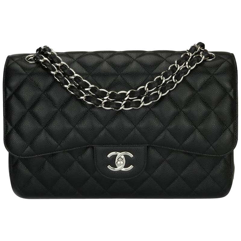 CHANEL Classic Jumbo Double Flap Bag Black Caviar with Silver Hardware ...