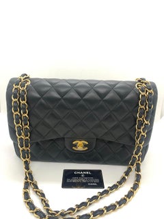 CHANEL Classic Jumbo Double Flap Bag Black Lambskin Gold Chain Italy