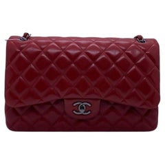 Chanel Classic Jumbo Double Flap Bag Red Leather Silver Hardware