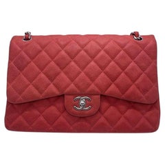 Chanel Classic Jumbo Double Flap Bag Red Leather Silver Hardware France