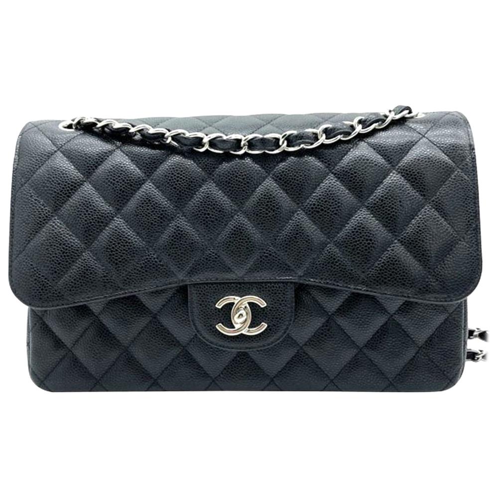 Chanel Classic Jumbo Double Flap - Black Caviar leather Silver hardware For Sale