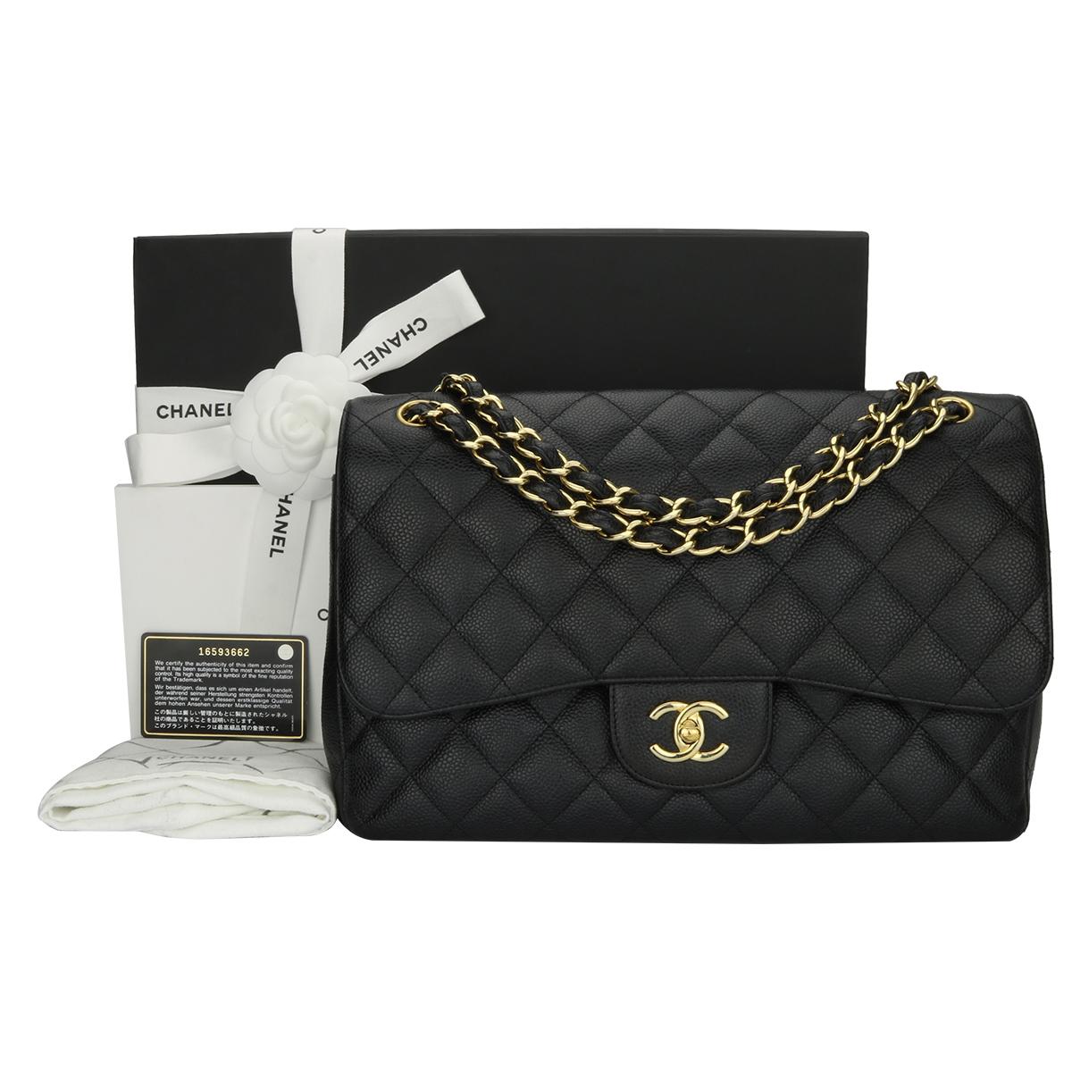 Authentic CHANEL Classic Jumbo Double Flap Black Caviar with Gold Hardware 2012.

This stunning bag is in excellent condition, the bag still holds its original shape, and the hardware is still very shiny.

Exterior Condition: Excellent condition,
