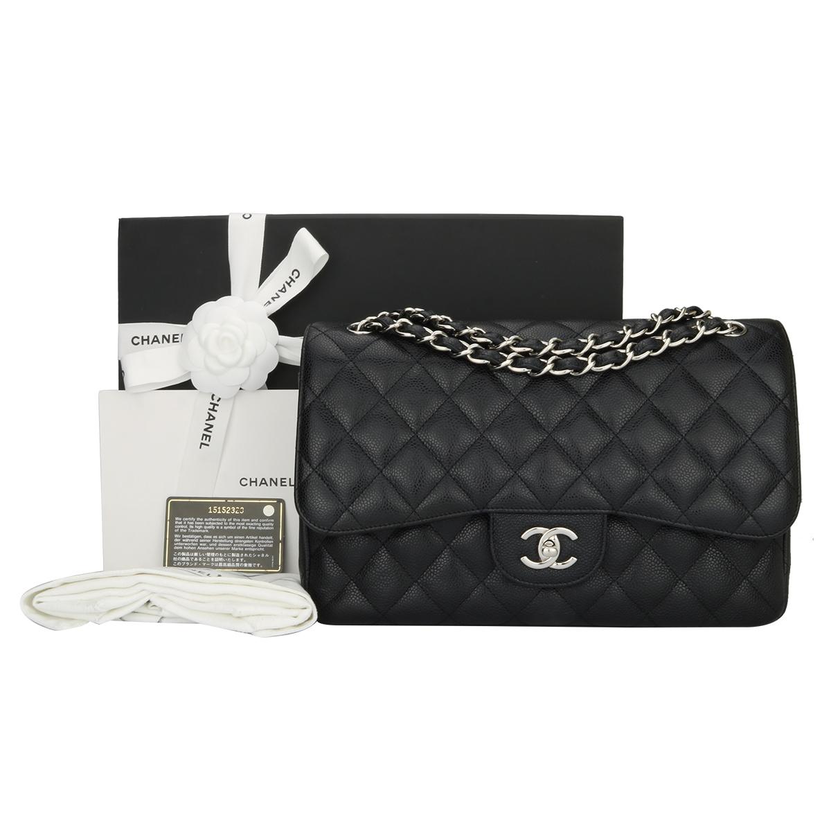 Authentic CHANEL Classic Jumbo Double Flap Black Caviar with Silver Hardware 2011.

This stunning bag is in an excellent condition, the bag still holds its original shape, and the hardware is still very shiny.

Exterior Condition: Excellent