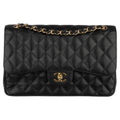 Chanel Classic Jumbo Double Flap Black Quilted Caviar Leather Gold-Tone Hardware