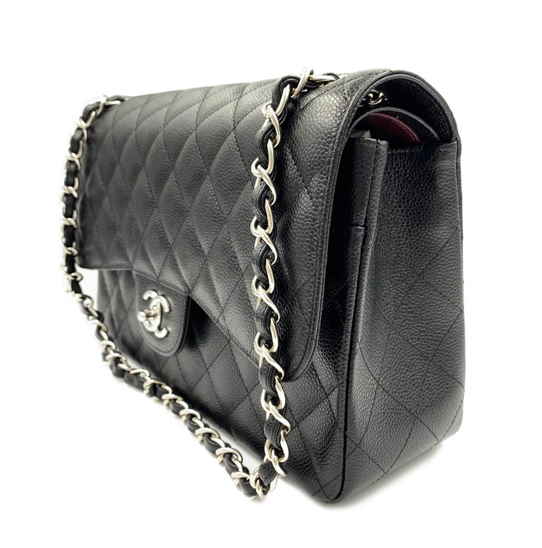 Chanel Classic Jumbo Double Flap Caviar Silver Hardware Leather Black Bag  at 1stDibs  chanel classic caviar flap bag black silver hardware, black bag  with silver hardware, chanel caviar silver hardware