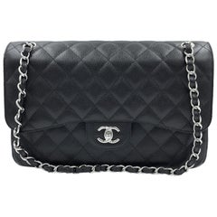 Chanel Classic Jumbo Double Flap Kaviar Silber Hardware Leder Schwarz Tasche