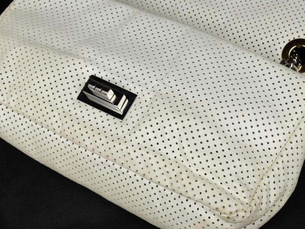 Chanel Classic Lambskin Perforated Drill Flap 217517 White Leather Shoulder Bag For Sale 1
