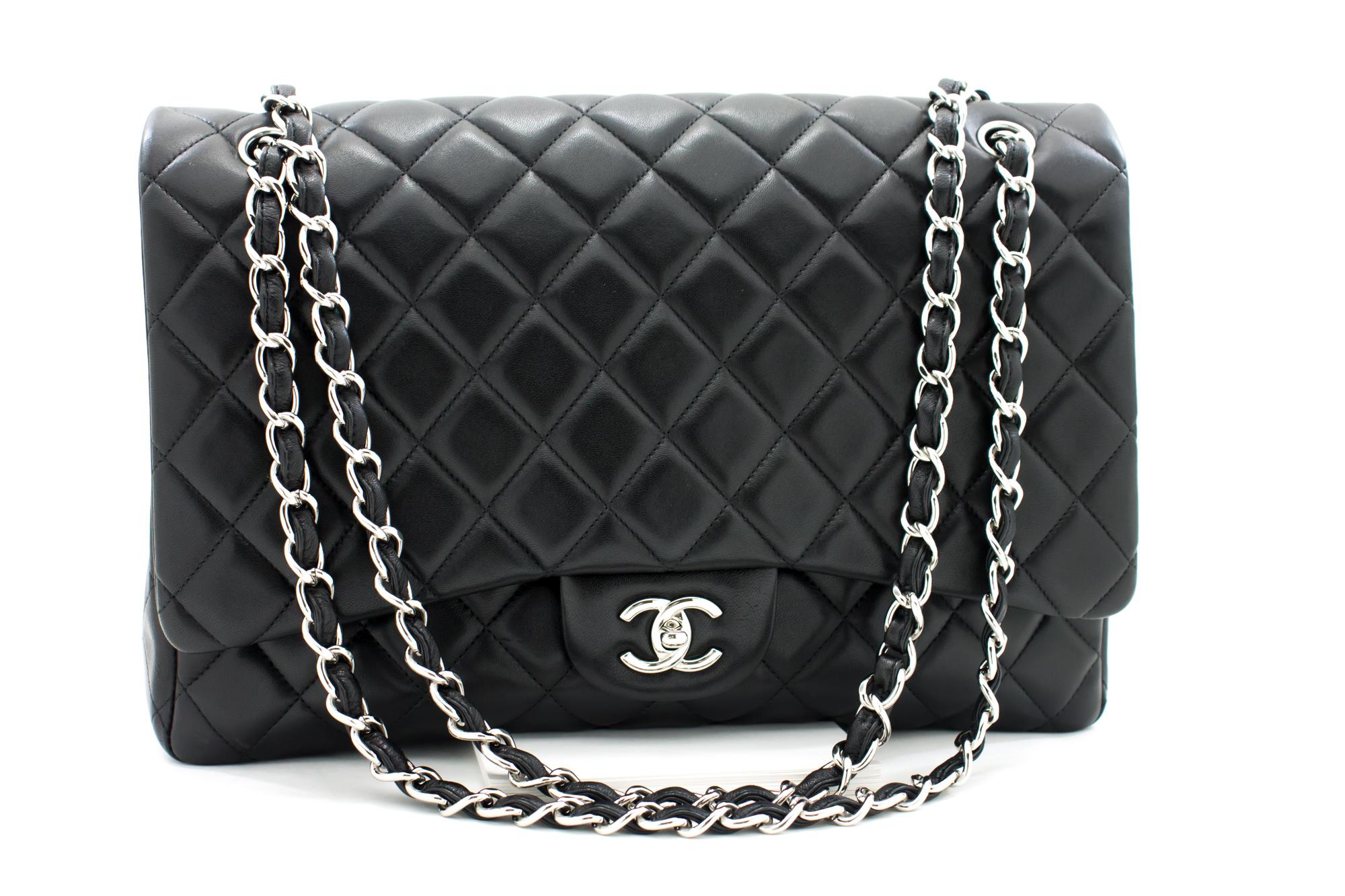 CHANEL Classic Large 11" Chain Shoulder Bag Flap Lambskin Black at