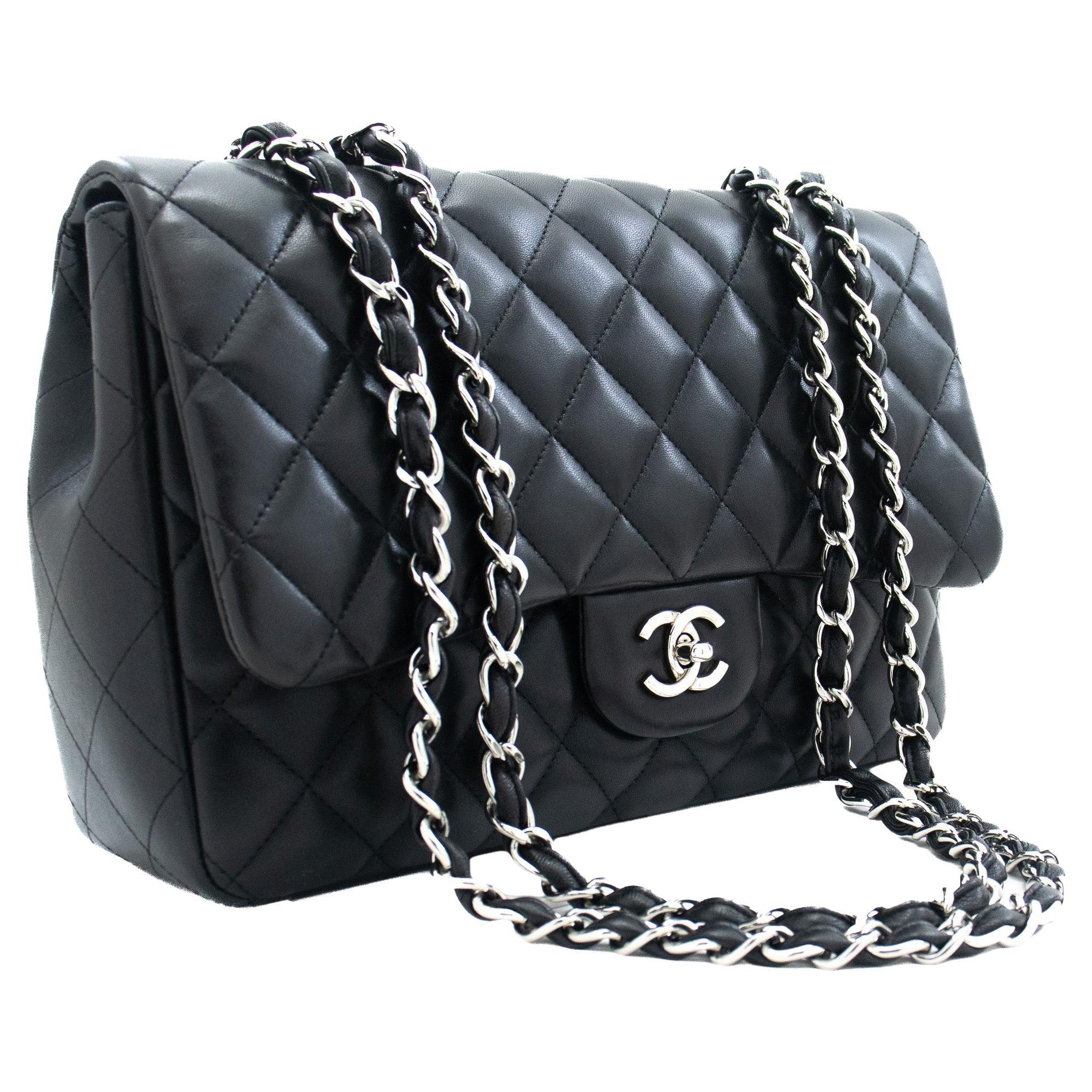 CHANEL Classic Large 11" Chain Shoulder Bag Flap Lambskin Black For Sale