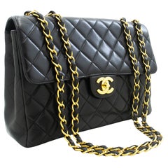 Used CHANEL Classic Large 11" Chain Shoulder Bag Flap Lambskin Black